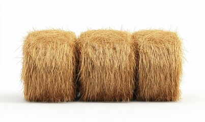 Three neatly stacked hay bales in a bright, minimalistic setting, with a clean white background