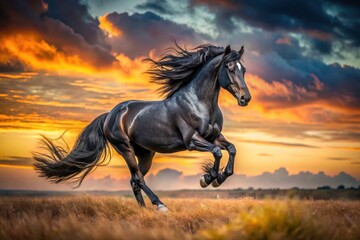 Sunset silhouettes a powerful Friesian horse in a breathtaking gallop, depth of field emphasizing its speed.