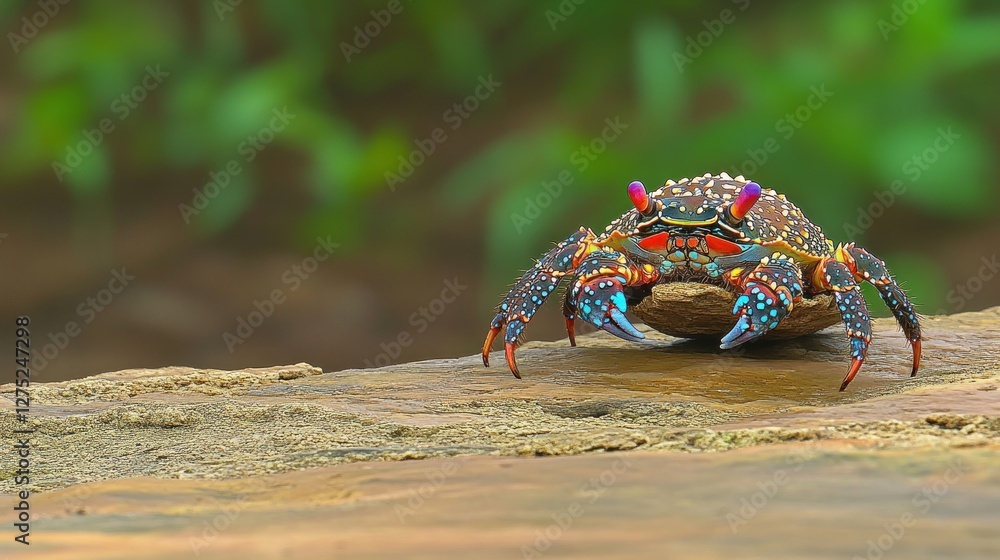 Poster a colorful crab with vibrant claws and patterns on a wooden surface in a natural setting.