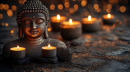 Buddha statue, candles, peace, dark background, meditation