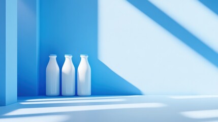 Three white milk bottles placed in a blue minimalist setting with soft shadows and lighting