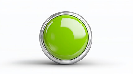 Bright green circular button with silver frame, reflecting light