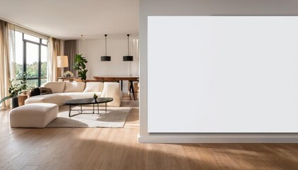 Stylish Modern Living Room Interior Design White Blank Wall Art Displayed on Wooden Floor, Showcasing Clean Lines and Minimalist Elegance in a Sophisticated Setting