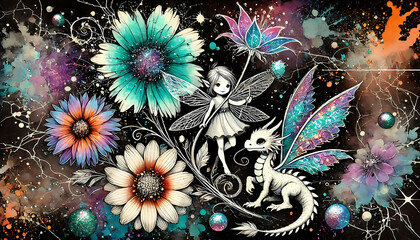 A cute little fairy and a white merry dragon in a magical garden with fantastic flowers, glowing lights and bright spots. .Illustration for children.