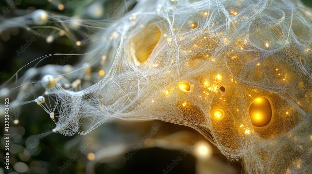 Poster a close-up view of intricate, glowing organic structures resembling neural networks.