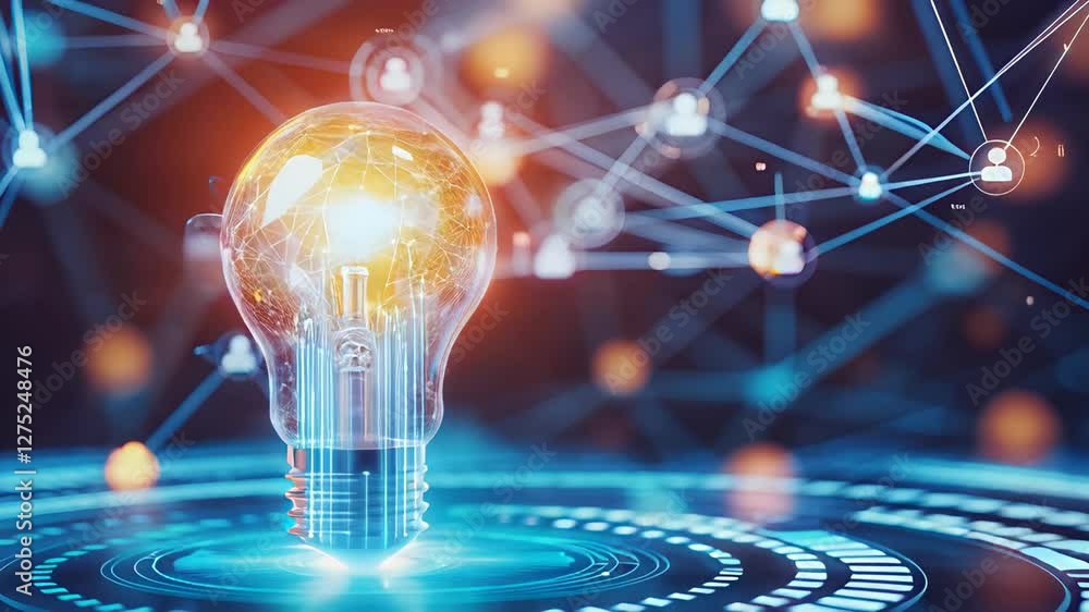Poster futuristic glowing light bulb on a digital circuit platform with interconnected nodes, symbolizing i