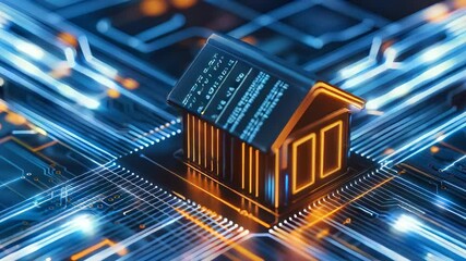 Futuristic smart home concept featuring a glowing digital house model integrated with a circuit board, symbolizing IoT, artificial intelligence, home automation, and advanced technology in modern livi - Powered by Adobe