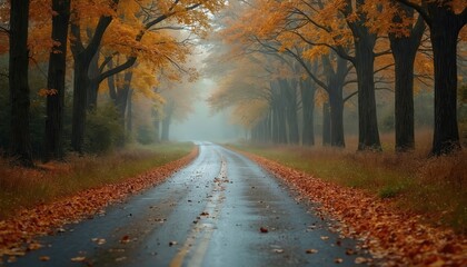 Obraz premium Rainy autumn day on country road with golden trees. Wet asphalt, fallen leaves create moody fall season scenery. Adventure journey in vibrant nature. Ecotourism destination.