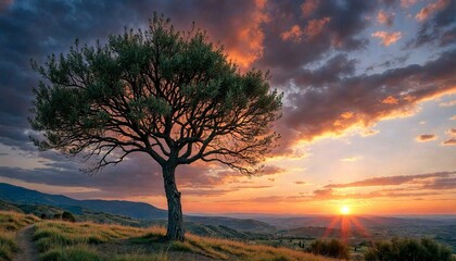 Lone Tree at Sunset with Dramatic Clouds