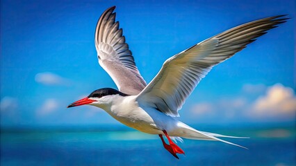 Obraz premium Wildlife photography: Common Tern in flight, wings outstretched, a pristine blue sky backdrop.