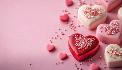 Fototapeta premium Delicately arranged heart-shaped desserts with pastel sprinkles create a romantic atmosphere, ideal for Valentine's Day, weddings, or sweet celebrations.