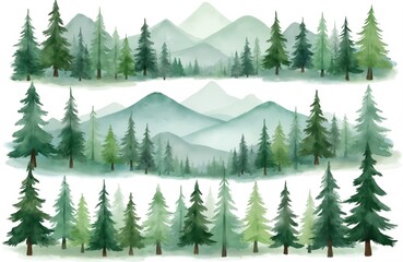 Watercolor forest clip art set features various green tone trees, mountains on white backgrounds. Woodland nature illustration great for posters, wallpapers, cards and backgrounds.
