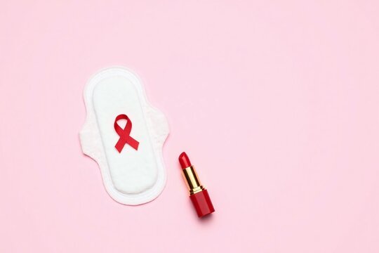 White cotton pad red ribbon red lipstick breast cancer