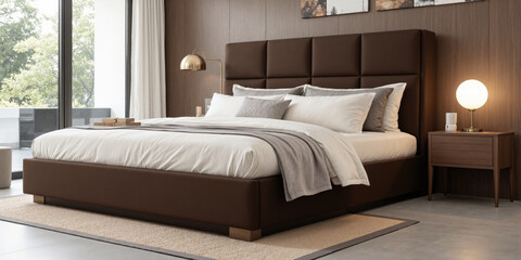 Mocha Musse upholstered bed frame in a soft, luxurious fabric, with deep chocolate hues and subtle texture, creating a sophisticated