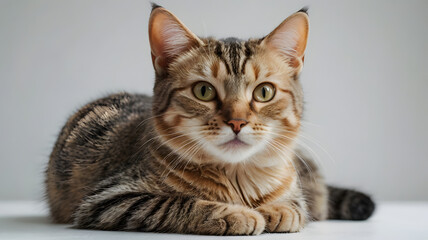 Cat's Captivating Gaze: A stunning domestic tabby cat with captivating eyes rests regally, its alert gaze drawing you in. Its striped coat complements its focused expression.