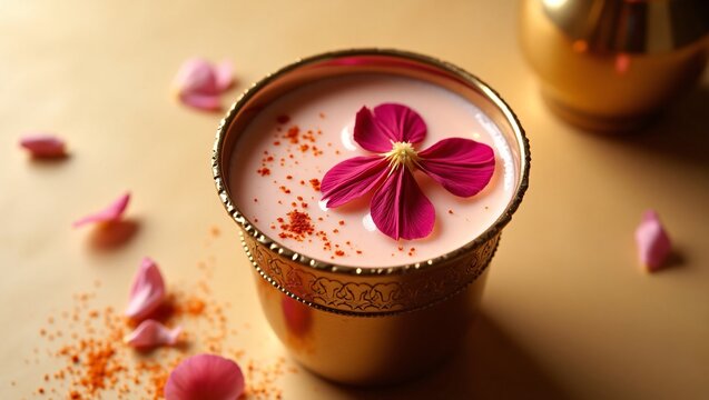A chilled, creamy Rooh Afza lassi in an ornate brass cup, garnished with rose petals, saffron strands, and cardamom, set against a warm beige background, evoking Old Delhi&rsquo;s vibrant charm.