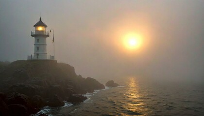 Sunset over Lighthouse on Rocky Shoreline