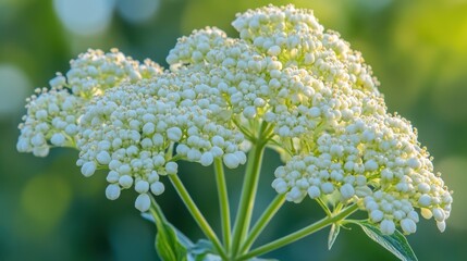 Fototapeta premium White flower cluster, garden bloom, sunset light, blurred background, nature poster