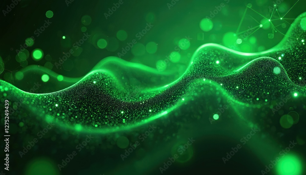 Poster abstract green digital network background with futuristic dots, glowing connections. concept of tech
