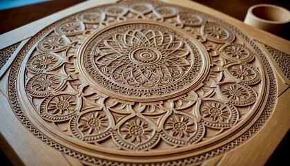 Naklejka premium Intricate Carved Wooden Table Close-Up