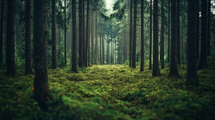 Obraz premium Serene Forest Path Surrounded by Lush Green Foliage and Trees