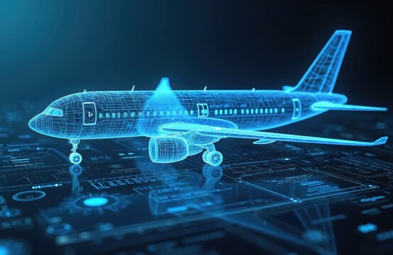Futuristic airplane hologram interface. Wireframe neon presentation. Wireless digital three-dimensional aircraft on circuit board, innovative tech concept for aviation, aerospace, airline industry - Powered by Adobe