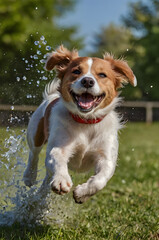 Joyful Canine Splash: A happy dog bounds through a splash of water on a bright day, its joyous expression and playful energy radiating pure fun.
