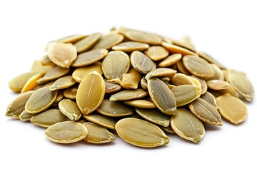 Pumpkin seeds pile, white background, healthy food