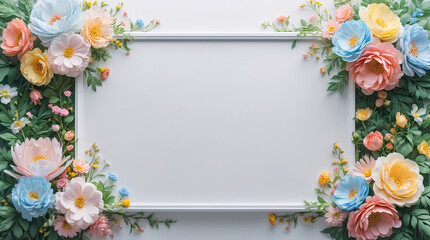 Soft pastel colored flowers surrounding a white tray for product photography and creative display ideas for Copyspace and Text Background