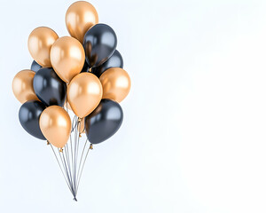 Gold and black balloons float against white. Celebration background