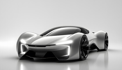 Sleek Silver Futuristic Concept Car Design with Illuminated Headlights Studio Shot