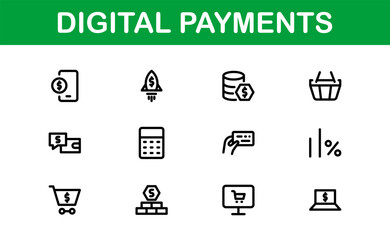 Digital Payments Icons. High-Quality Line and Outline Vector Illustrations for Mobile Wallets, Transactions, Online Payments, and Digital Finance