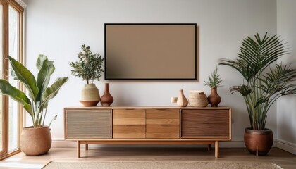 Modern Rustic Interior Large Wall Art Mockup Showcasing Warm Minimalist Design with Natural Textures and Earthy Colors, Perfect for Digital Art, Home Decor, or Design Inspiration.