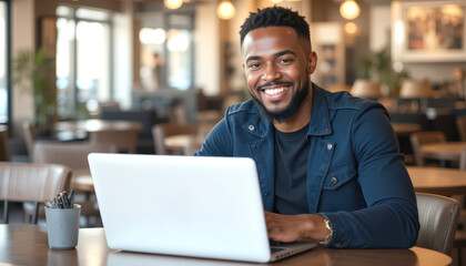 smiling african american man using laptop working at cafe