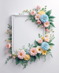 Soft pastel flowers arranged around a white tray for showcasing decorative designs and creative photography ideas for Copyspace and Text Background