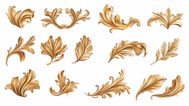 Golden acanthus leaf design elements; ornate, decorative; white background; design resource