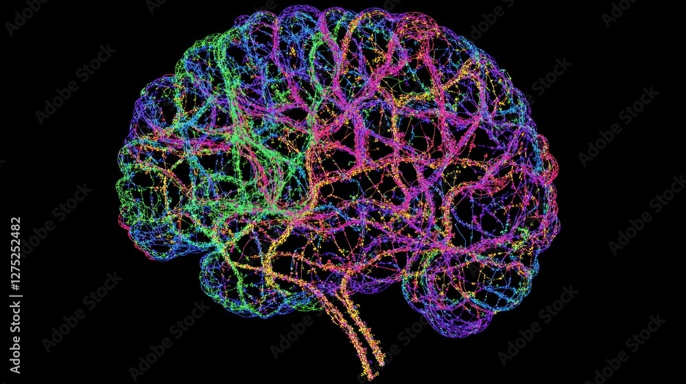 Poster colorful neural network representation of a brain, illustrating brain connectivity.