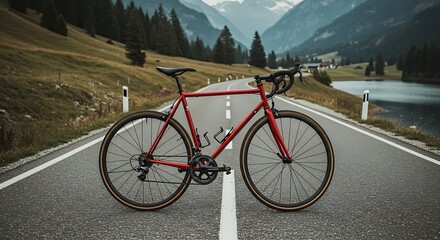 Fototapeta premium A sleek road bicycle with a lightweight frame, leaning against a scenic mountain road.