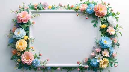Soft pastel flowers forming a delicate frame around a white tray for showcasing products with creative design ideas for Copyspace and Text Background