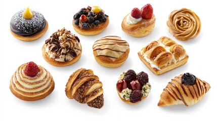 Assortment of delectable pastries displayed on a white background, showcasing various flavors and textures