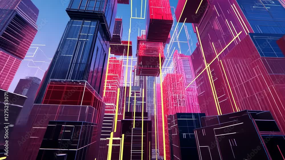 Poster futuristic cityscape animation with glowing lines and abstract building design