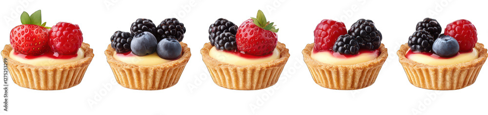 Poster set of mini fruit tartlets with pastry crust custard topped with fresh berries single partial bite i