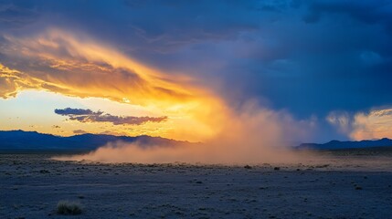 Vibrant Sunset Over Desert Landscape with Dust Cloud Formation