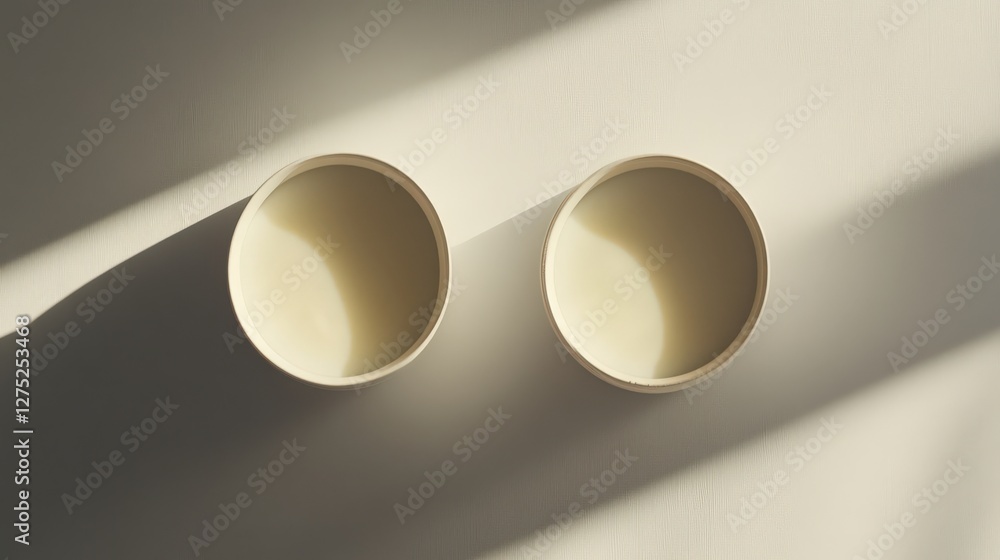 Poster two minimalist bowls casting soft shadows on a light surface, creating a serene atmosphere