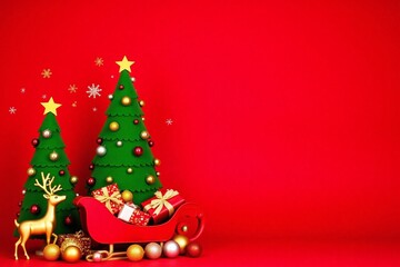 Christmas background red trees reindeer sleigh ornaments