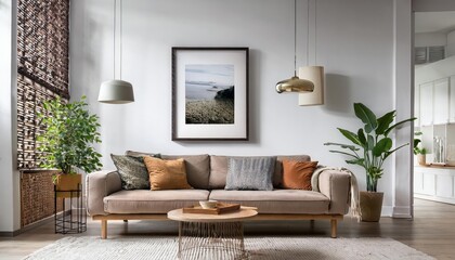 Modern Living Room with Picture Frame Minimalistic Elegance Fusing Geometric Patterns and Warm Tones for a Contemporary Abode, Perfect for Digital Art, Home Decor, or Design Inspiration