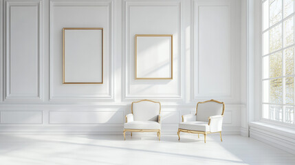 Minimalist modern building interior with blank picture frames and chairs