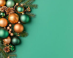 Green gold Christmas ornaments, pine branches on teal