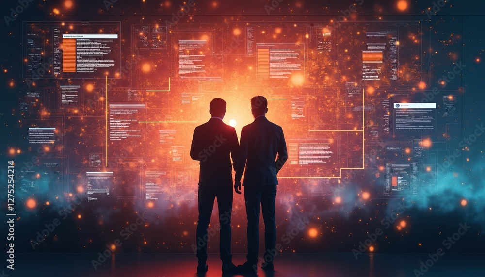 Poster two silhouetted figures stand before glowing screens with data, emphasizing tech and information flo