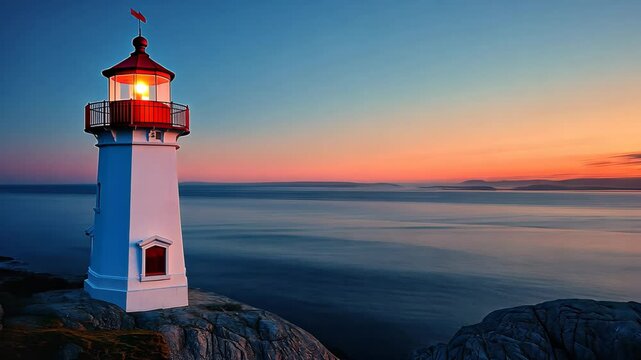 Lindesnes Lighthouse sits majestically on the rocky coast at sunset with a glowing beacon illuminating the sea, Coastal lighthouse Lindesnes Lighthouse is a coastal lighthouse at the southernmost tip